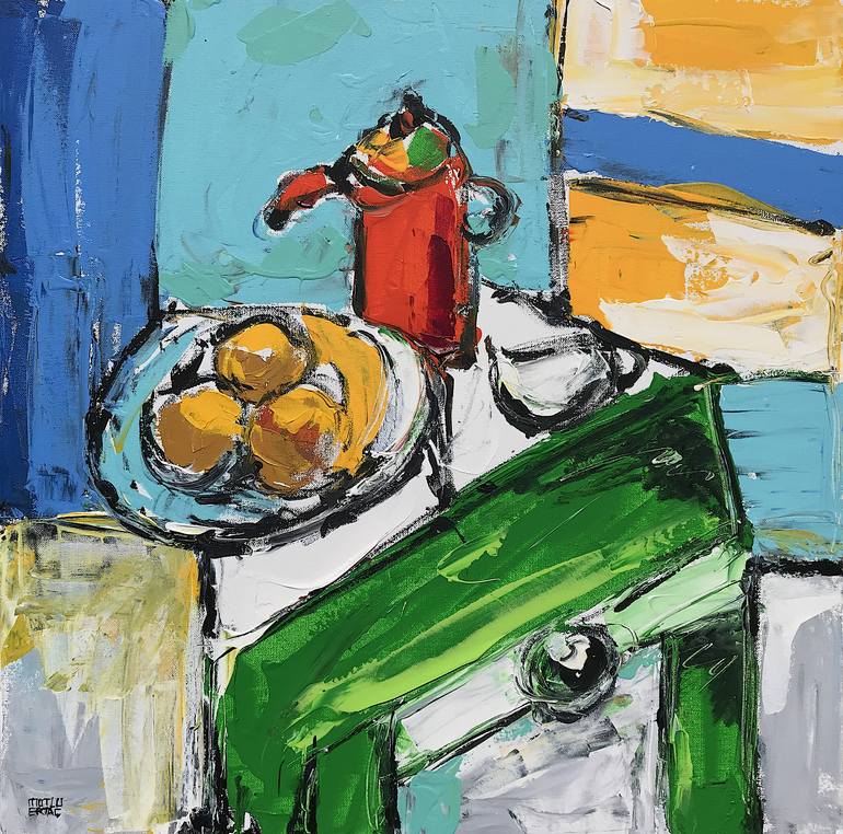Fruits on Green Table, Acrylic and Ink on Canvas