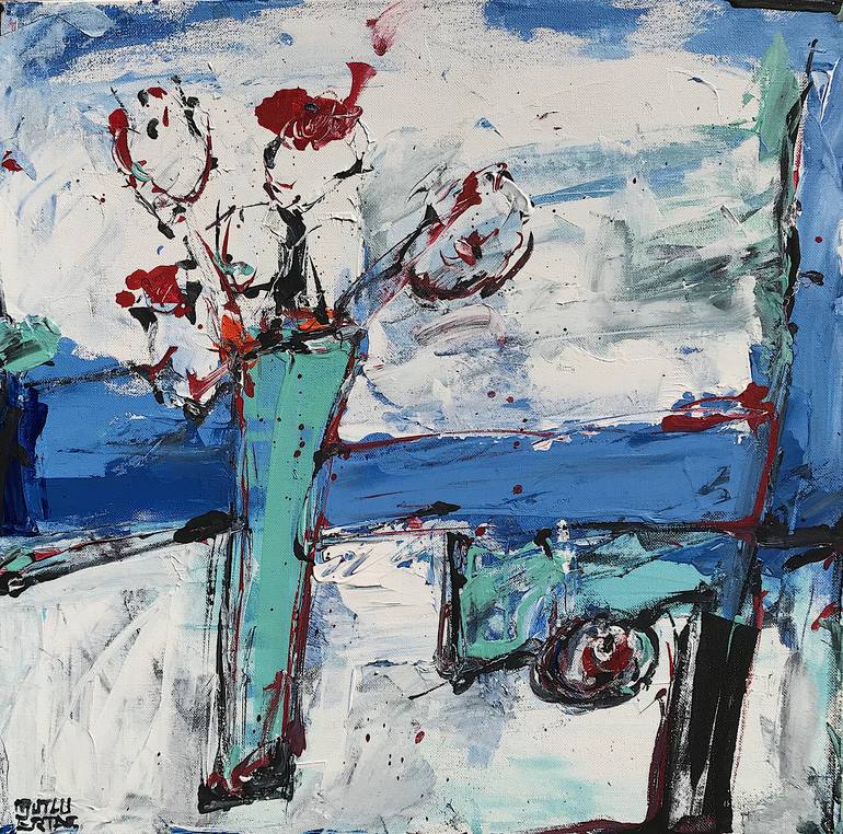 Red Flowers in Vase by Window, Acrylic and Ink on Canvas