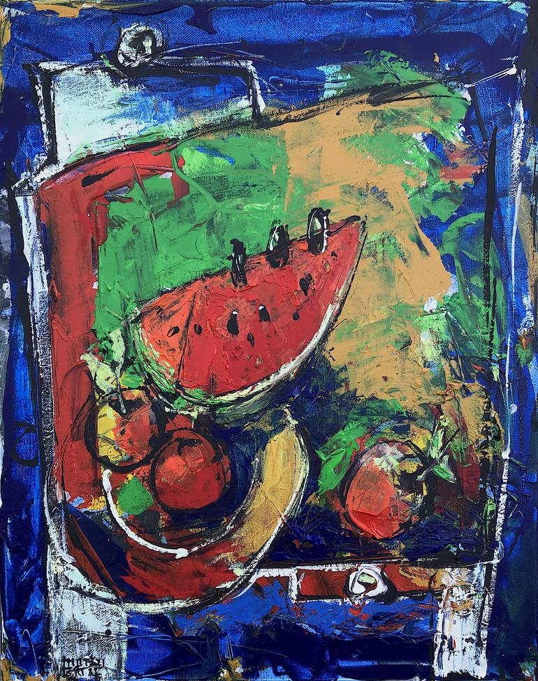 Fruits on Wooden Kitchen Table, Acrylic and Ink on Canvas