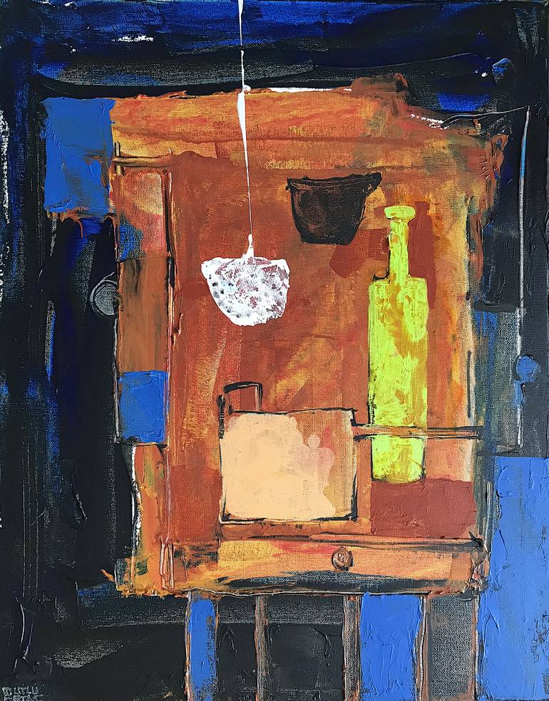 Green bottle on Table II, Acrylic and Ink on Canvas