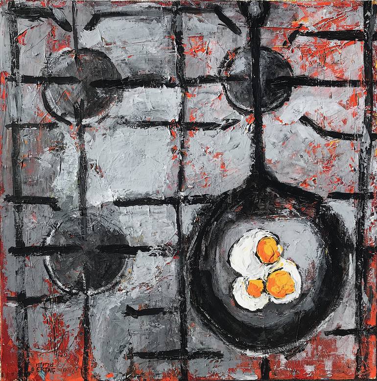 Eggs in Pan on Stove, Acrylic and Ink on Canvas