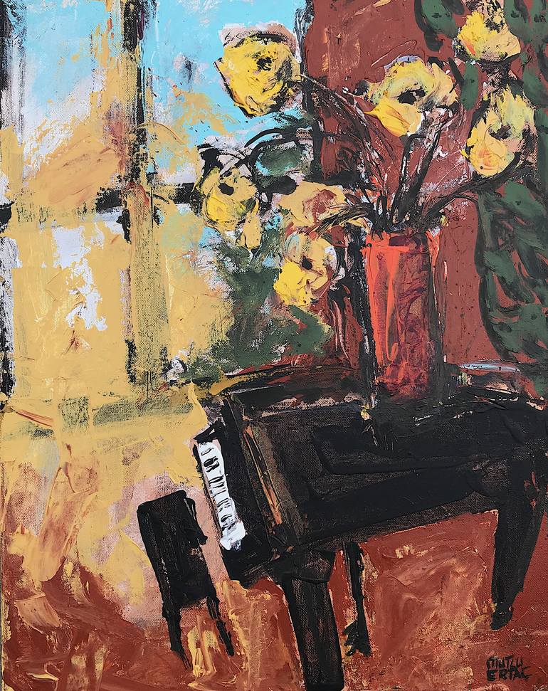 Piano by the Window, Acrylic and Ink on Canvas