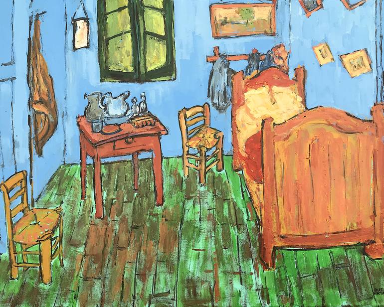 "Vincent's Bedroom in Arles" after Van Gogh, Acrylic and Ink on Canvas