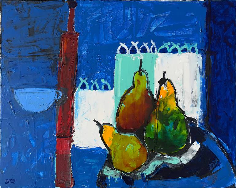 Pears on Table with Red Bottle, Acrylic and Ink on Canvas