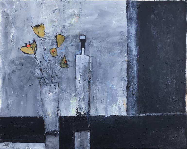 Bottle and Vase, Acrylic and Ink on Canvas