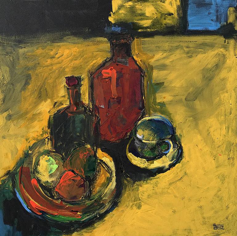 Still Life with Fruits, Acrylic and Ink on Canvas