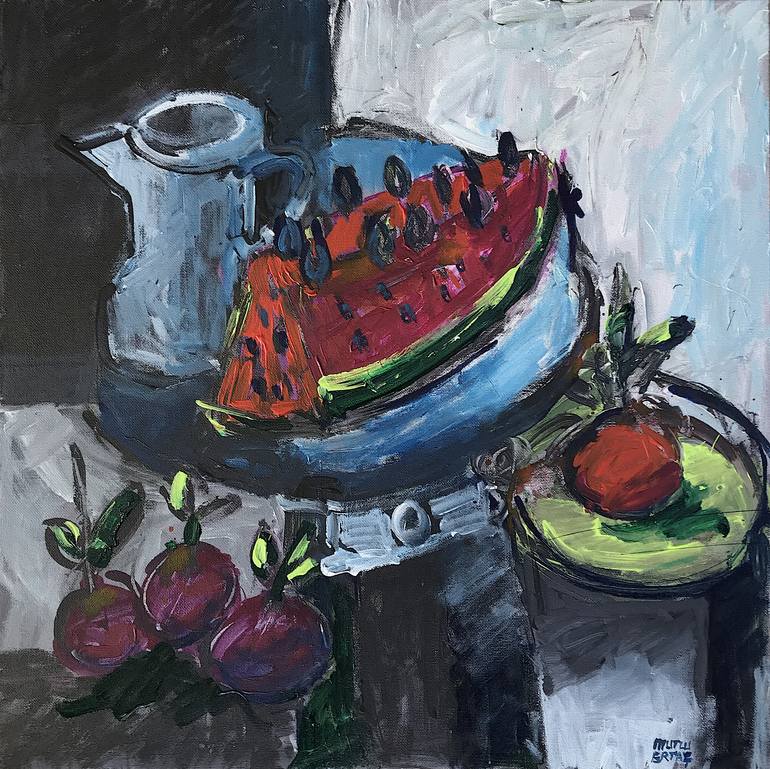 Fruits and Jug on Table, Acrylic and Ink on Canvas