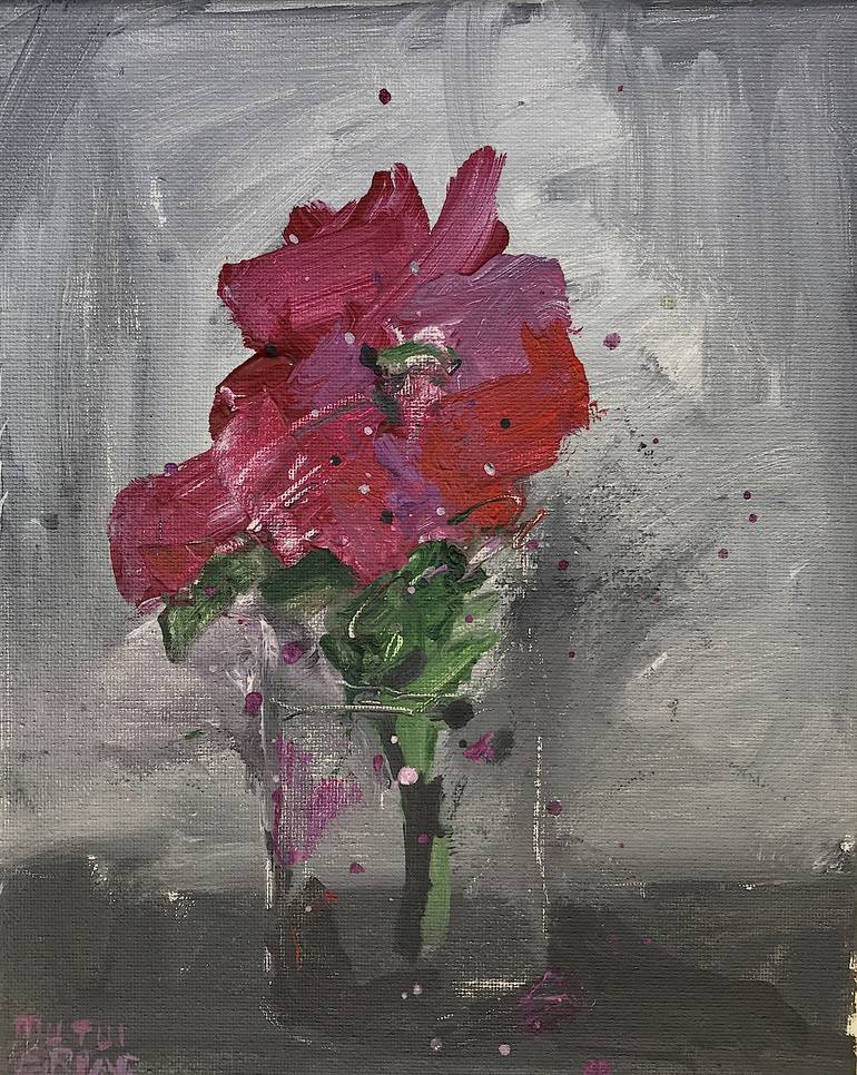 Flowers in Small Vase., Acrylic and Ink on Canvas