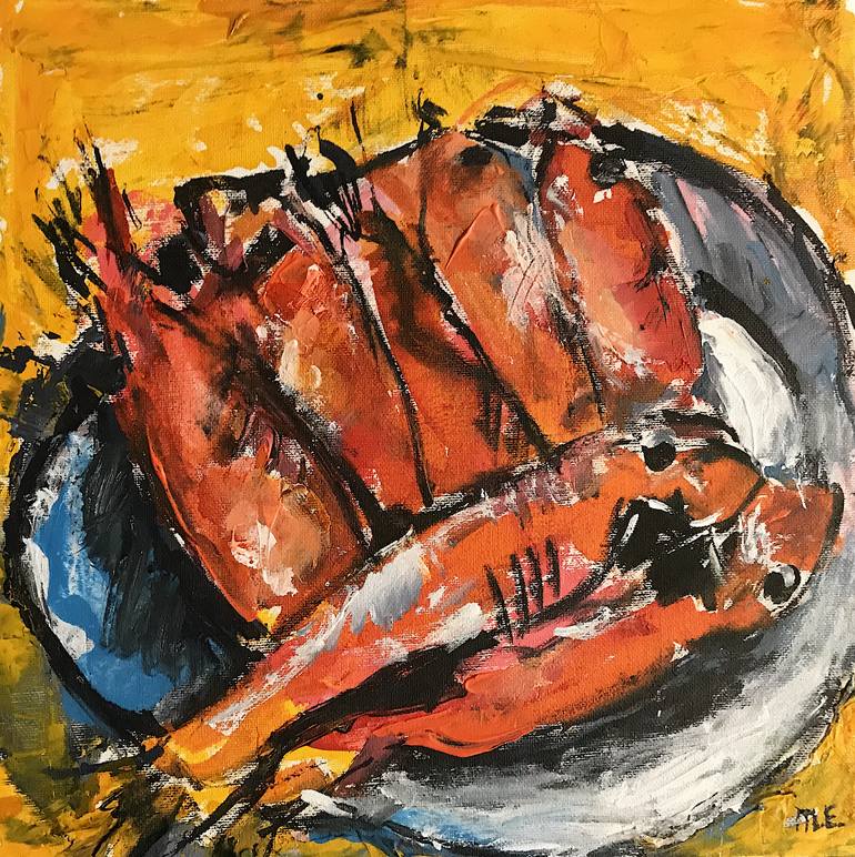 Red Mullet on Plate, Acrylic and Ink on Canvas