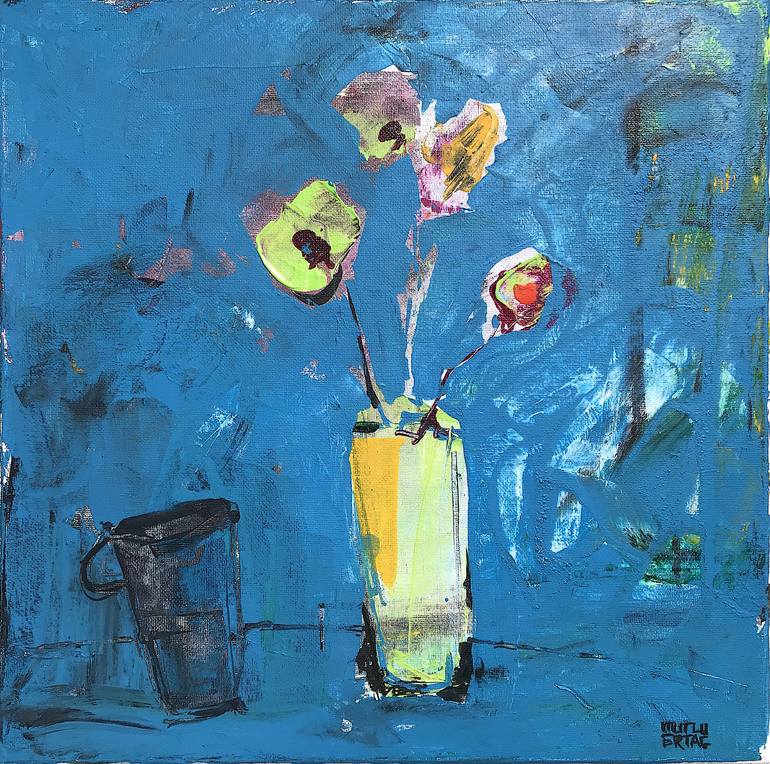 Vase of Flowers and Coffee Cup, Acrylic and Ink on Canvas