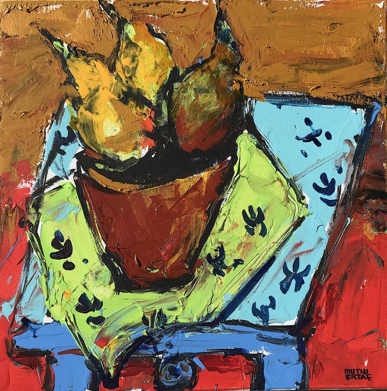 Bowl of Pears on Green Tablecloth, Acrylic and Ink on Canvas