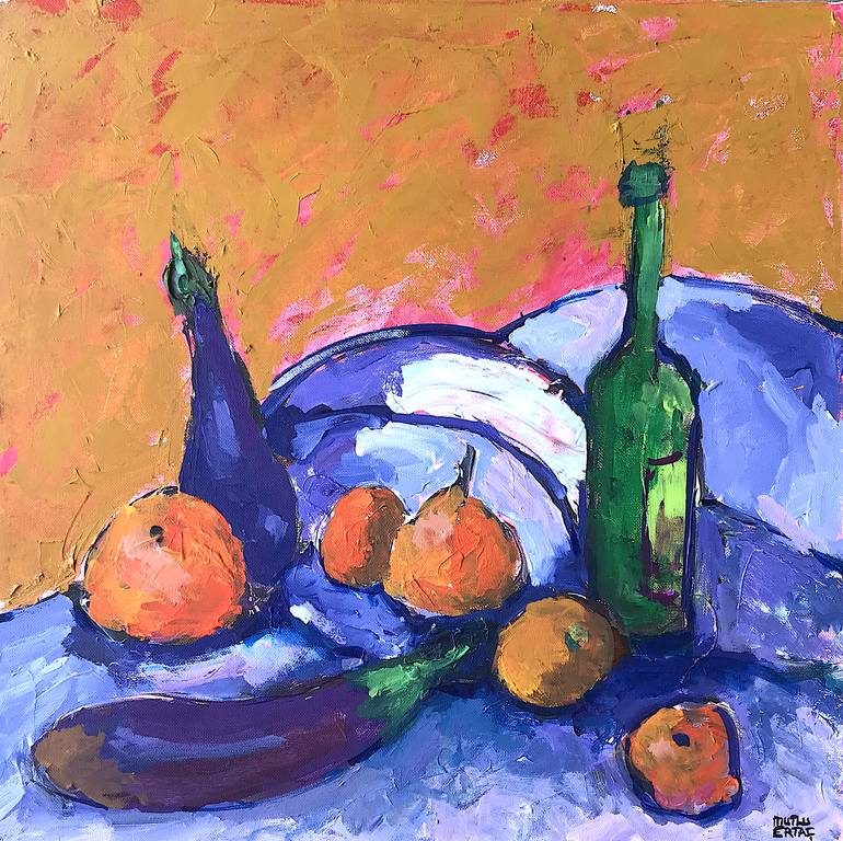 Still Life with Eggplant, Acrylic and Ink on Canvas