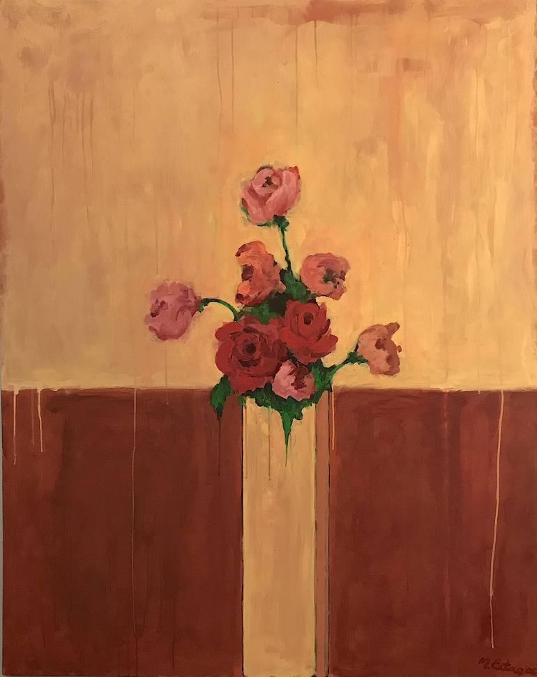 Flowers in Vase in Yellow Ochre and Burnt Sienna Background, Acrylic on Canvas