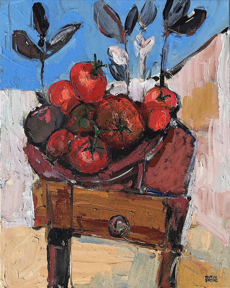 Tomatoes on Table, Acrylic and Ink on Canvas