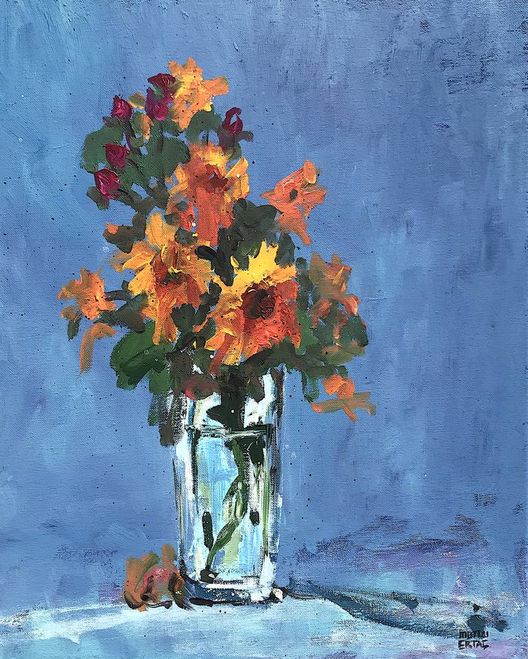 Sunflowers in Small Vase, Acrylic and Ink on Canvas