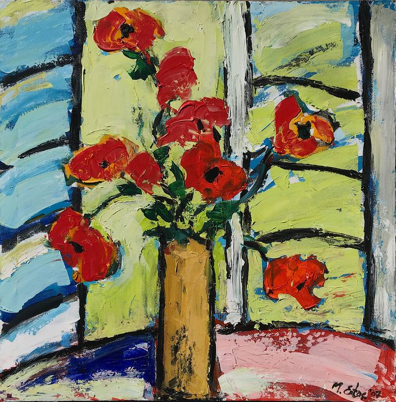 Red Flowers, Acrylic and Ink on Canvas