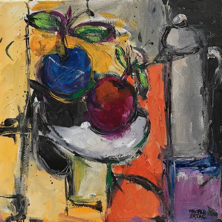 Still life with Fruits on Orange and Yellow Background., Acrylic and Ink on Canvas