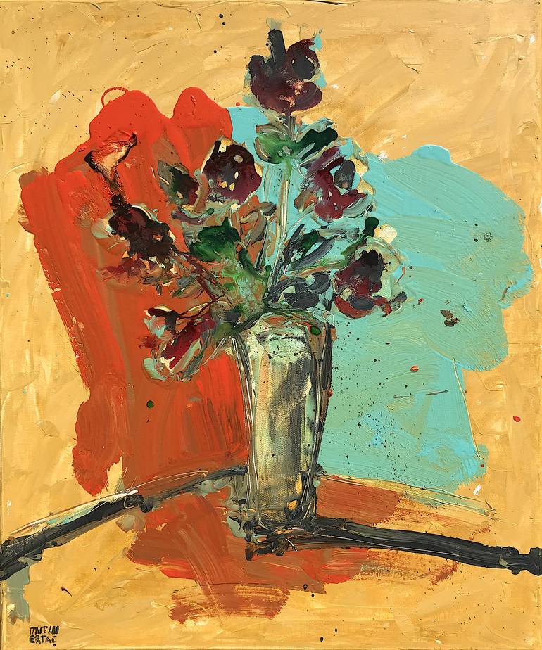 Flowers in Vase, Acrylic and Ink on Canvas