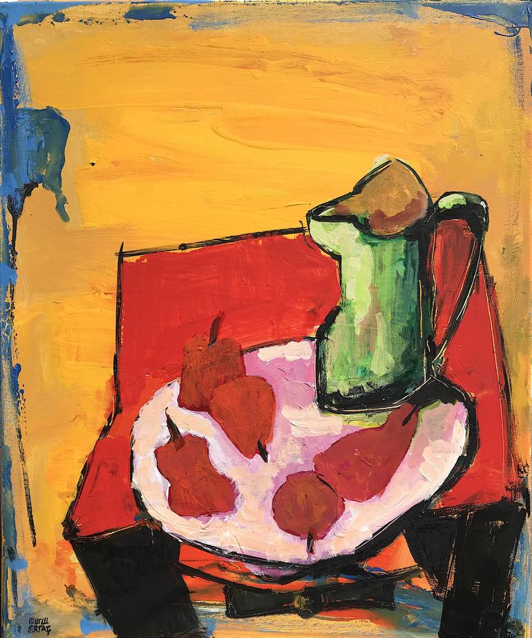 Pears on a Plate and Green Water Jug, Acrylic and Ink on Canvas