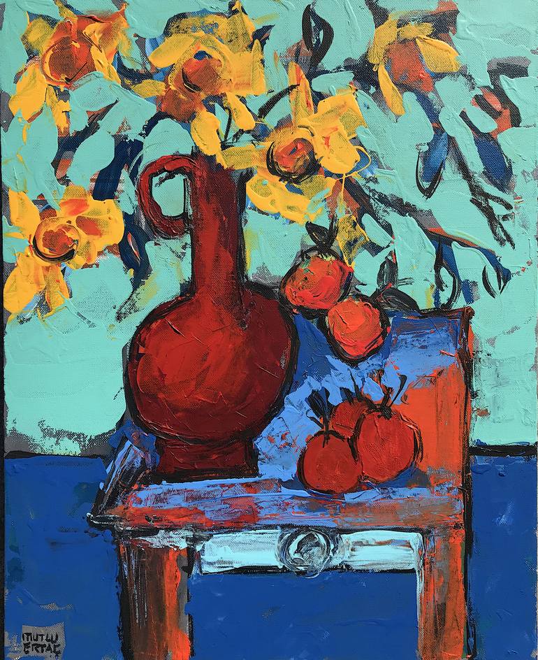 Yellow Flowers in Red Vase, Acrylic and Ink on Canvas