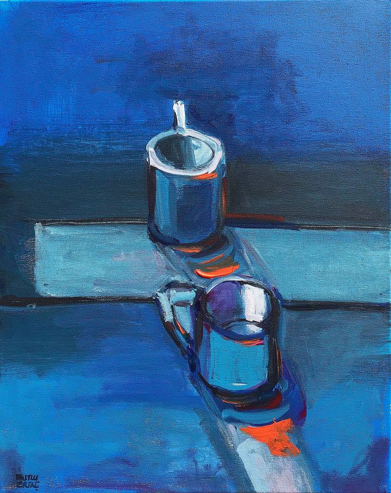 Coffee cups on Table, Acrylic and Ink on Canvas
