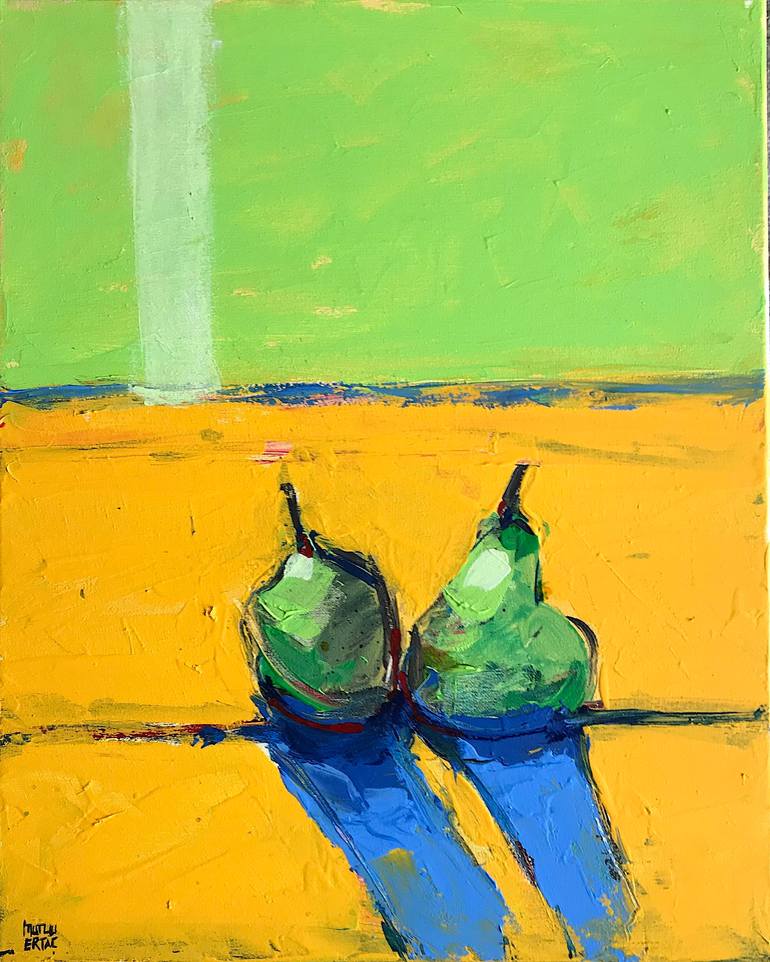 Two Pears on Yellow., Acrylic and Ink on Canvas