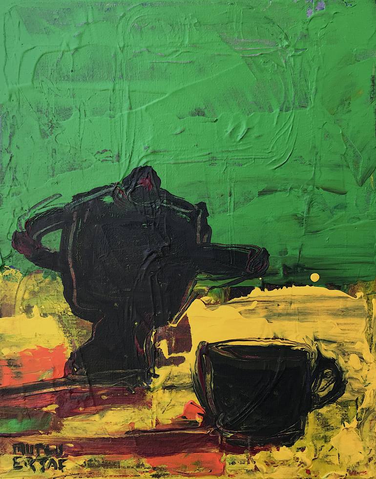 Still Life with Coffee Pot and Cup, Acrylic and Ink on Canvas