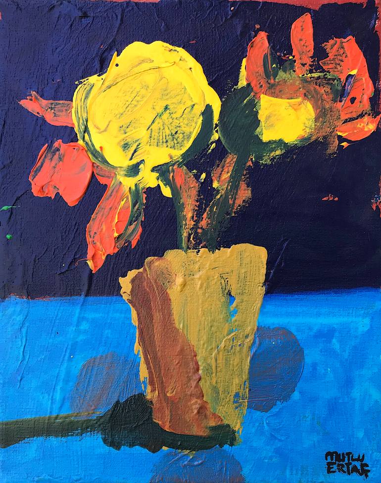 Yellow Flowers in Small Vase., Acrylic and Ink on Canvas