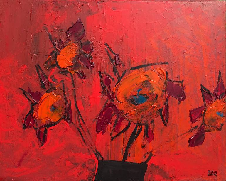 Four Flowers in Black Vase, Acrylic and Ink on Canvas