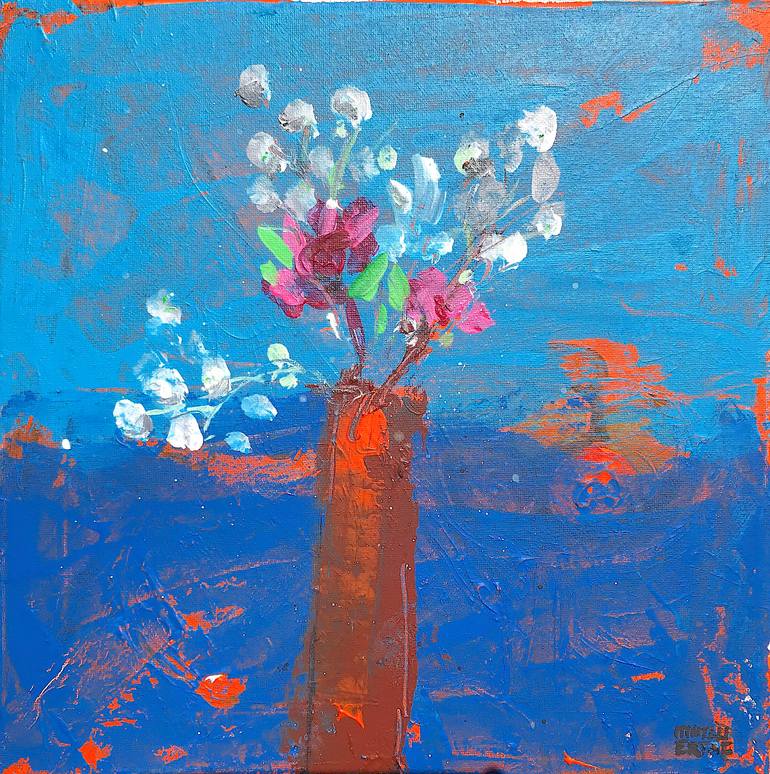 Small Flowers on Blue Background., Acrylic and Ink on Canvas