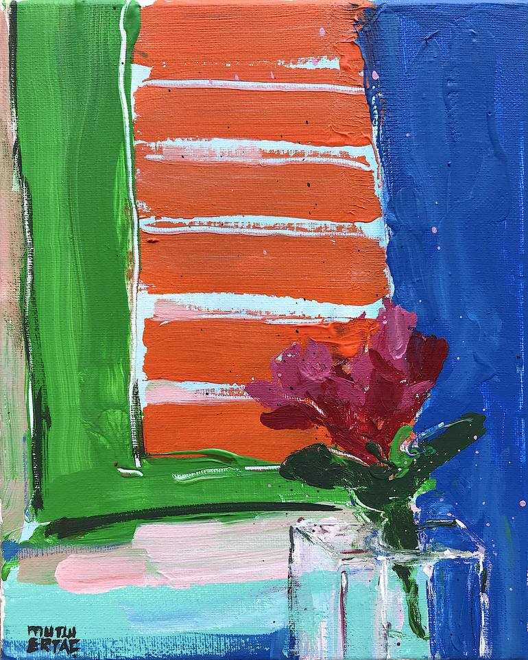 Flower in a Vase by Window., Acrylic and Ink on Canvas
