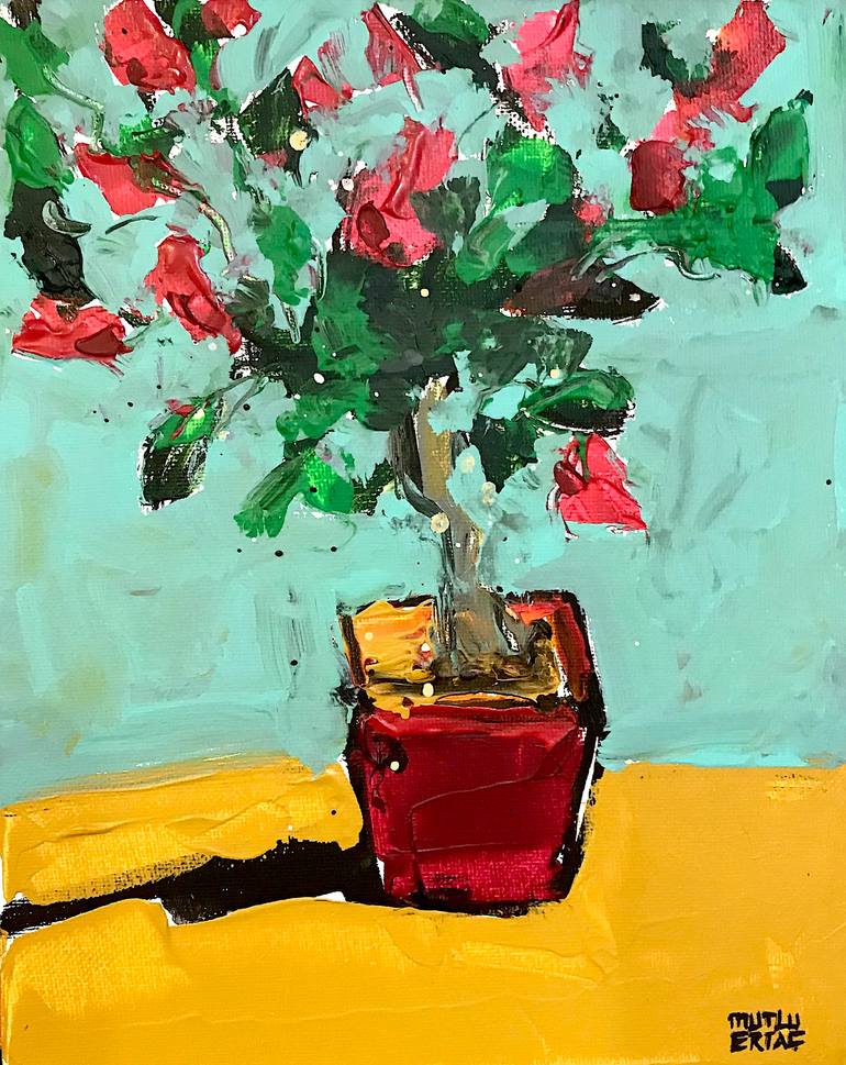 Bougainvillea in a Small Pot, Acrylic and Ink on Canvas