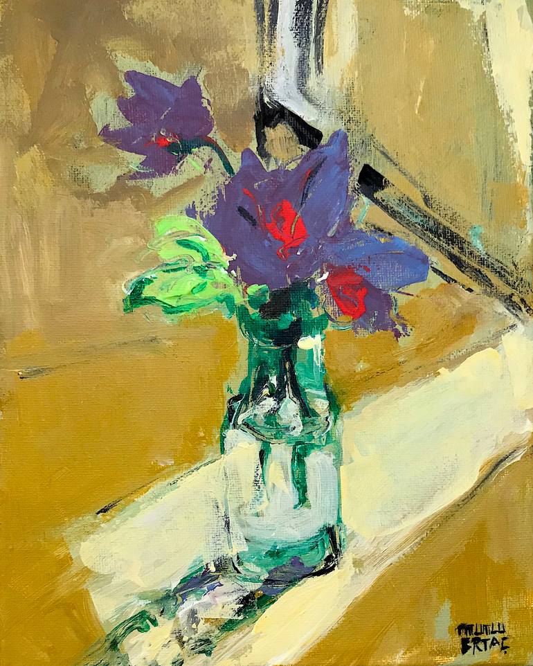Purple Flowers by the Window, Acrylic and Ink on Canvas