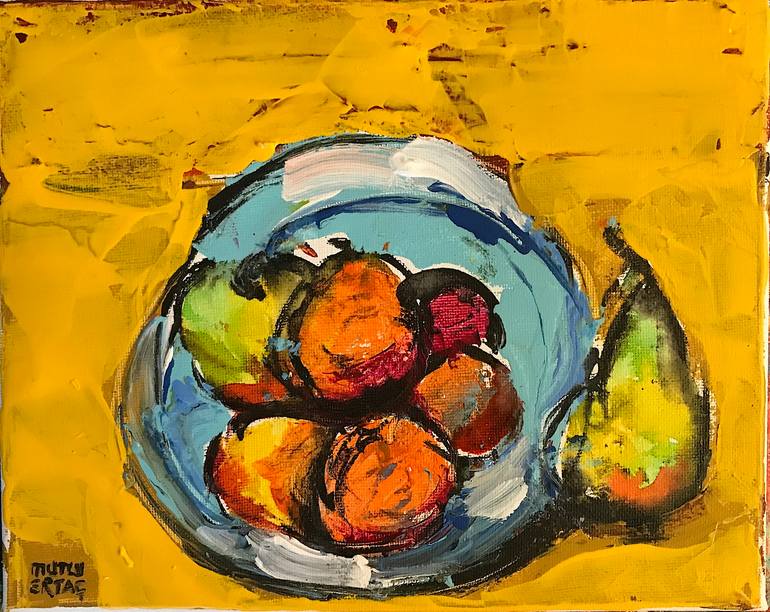 Plate of Fruits, Acrylic and Ink on Canvas