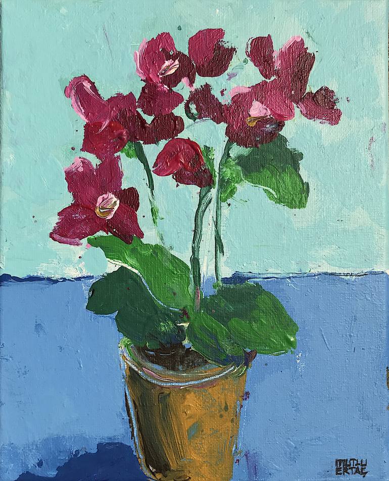 Orchids in Small Pot, Acrylic and Ink on Canvas