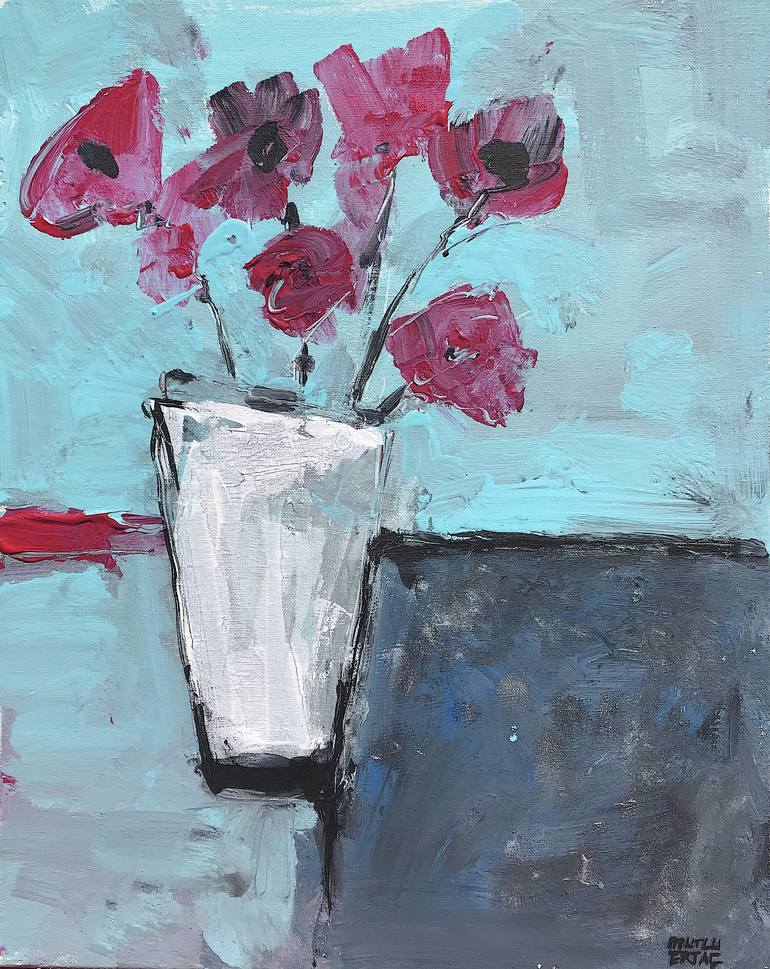 Red Flowers on Blue Background, Acrylic and Ink on Canvas