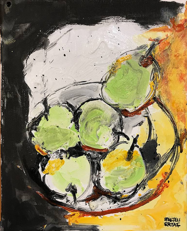 Fruits on Plate II, Acrylic and Ink on Canvas