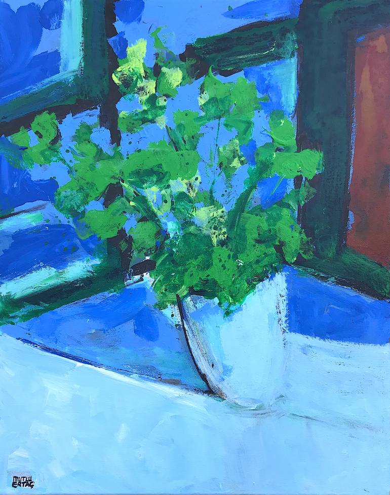 Mint in Pot by Window, Acrylic and Ink on Canvas