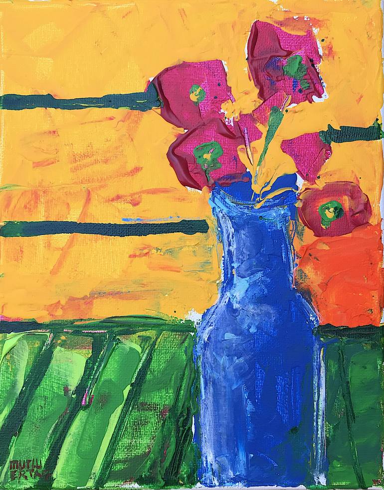 Flowers in Blue Vase on Yellow Background., Acrylic and Ink on Canvas