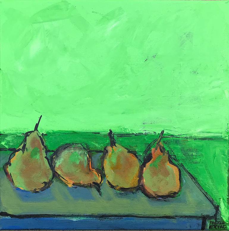 Four Pears on Green, Acrylic and Ink on Canvas
