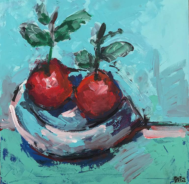 Two Fruits on Plate, Acrylic and Ink on Canvas