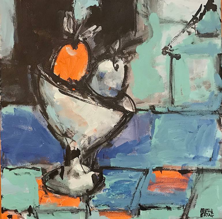 Fruits in a Bowl on a Checkered Table Cloth, Acrylic and Ink on Canvas