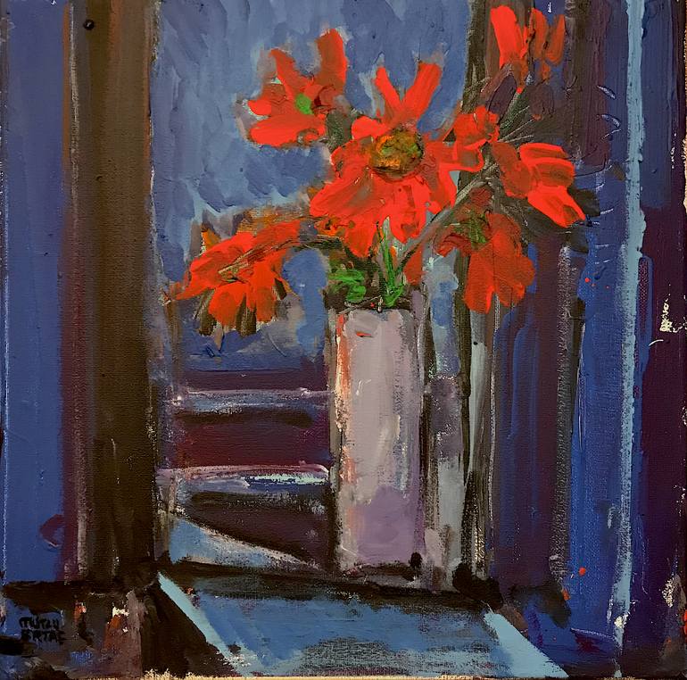 Gerbera Daisies in Small Vase, Acrylic and Ink on Canvas
