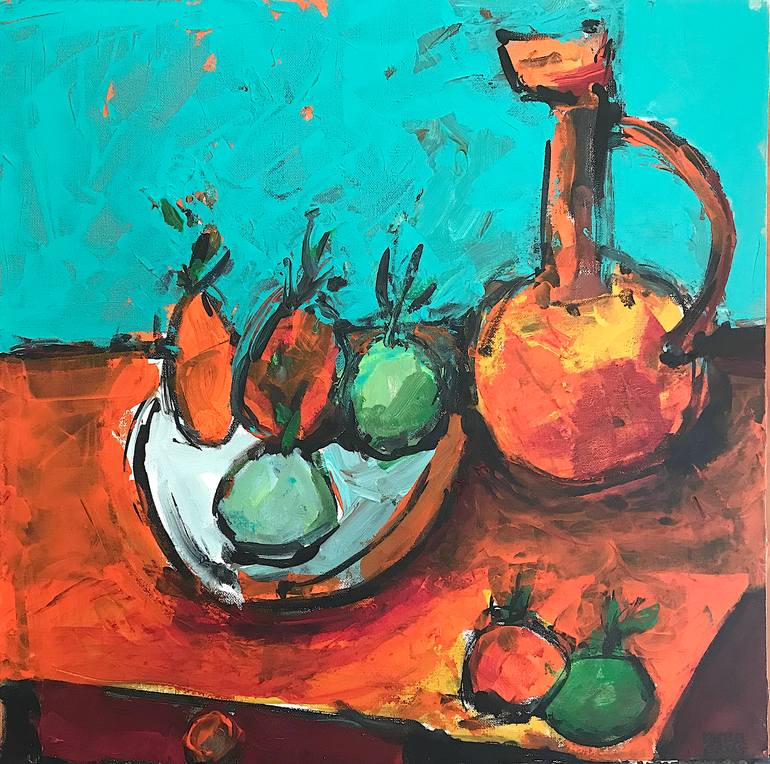 Jug and Fruits on Table, Acrylic and Ink on Canvas