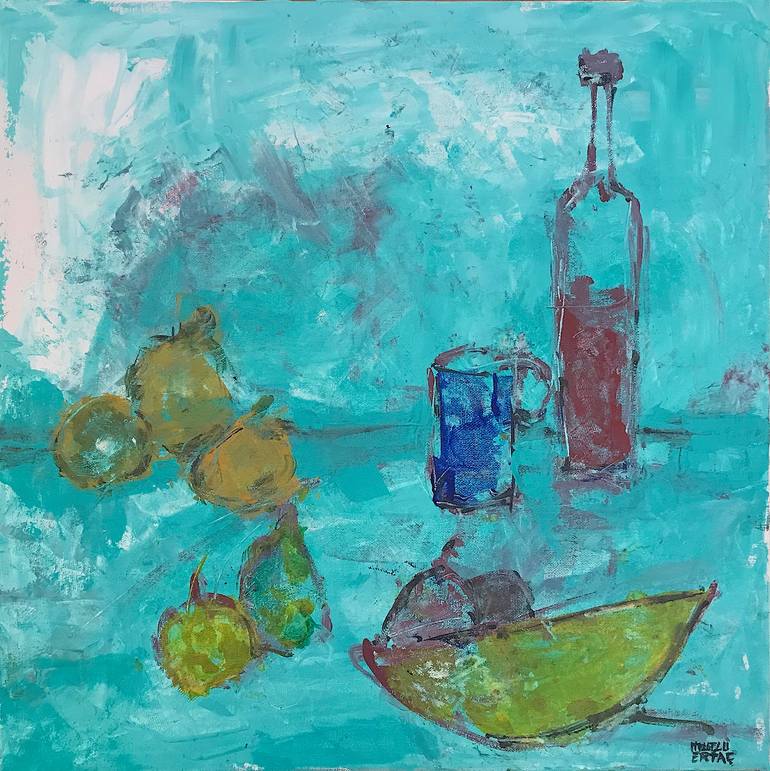 Blue Mug , Fruits, and Red Wine on Table., Acrylic and Ink on Canvas