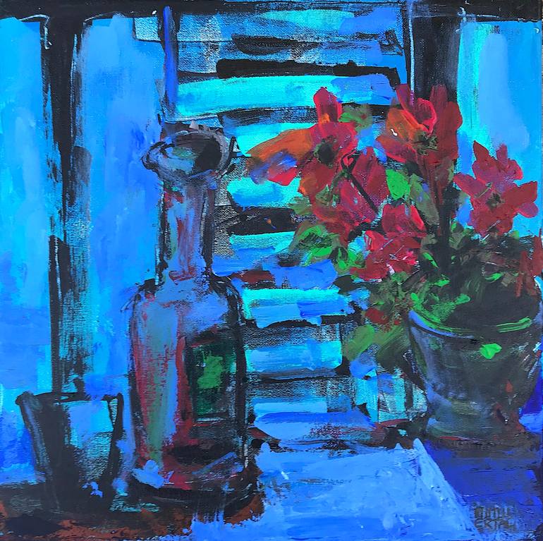 Flowers and Bottle at Dusk by Window, Acrylic and Ink on Canvas