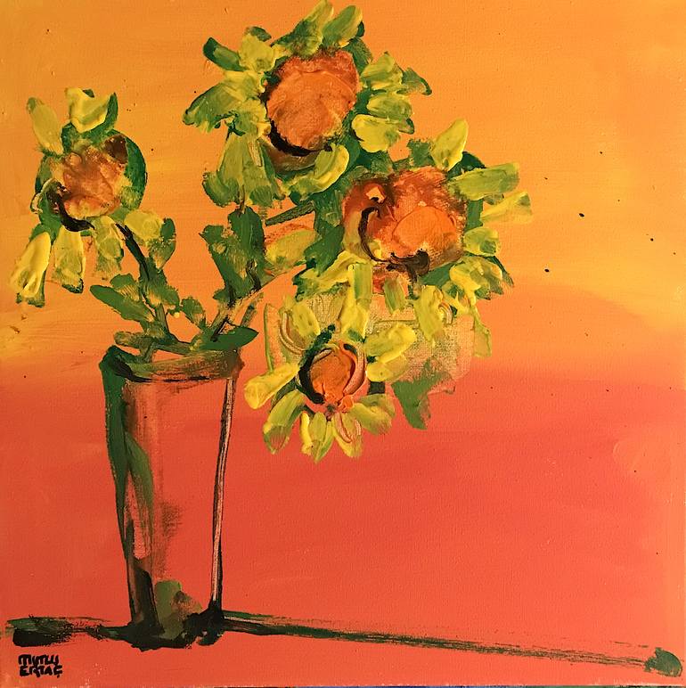 SunFlowers in Vase with Orange Yellow Background, Acrylic and Ink on Canvas