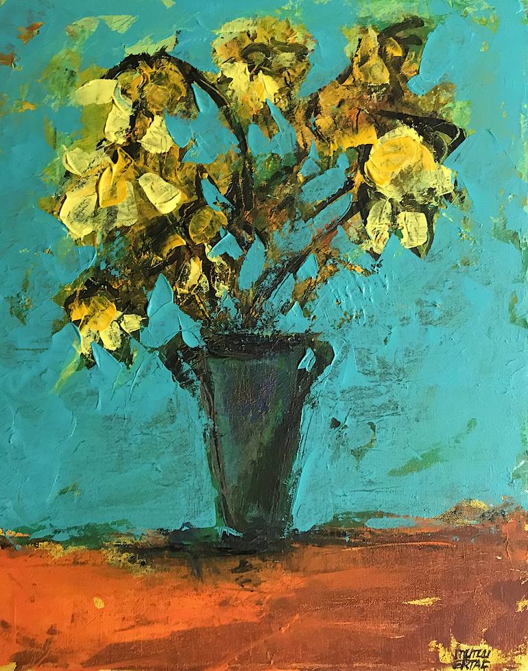 Flowers in Vase on Blue Background, Acrylic and Ink on Canvas