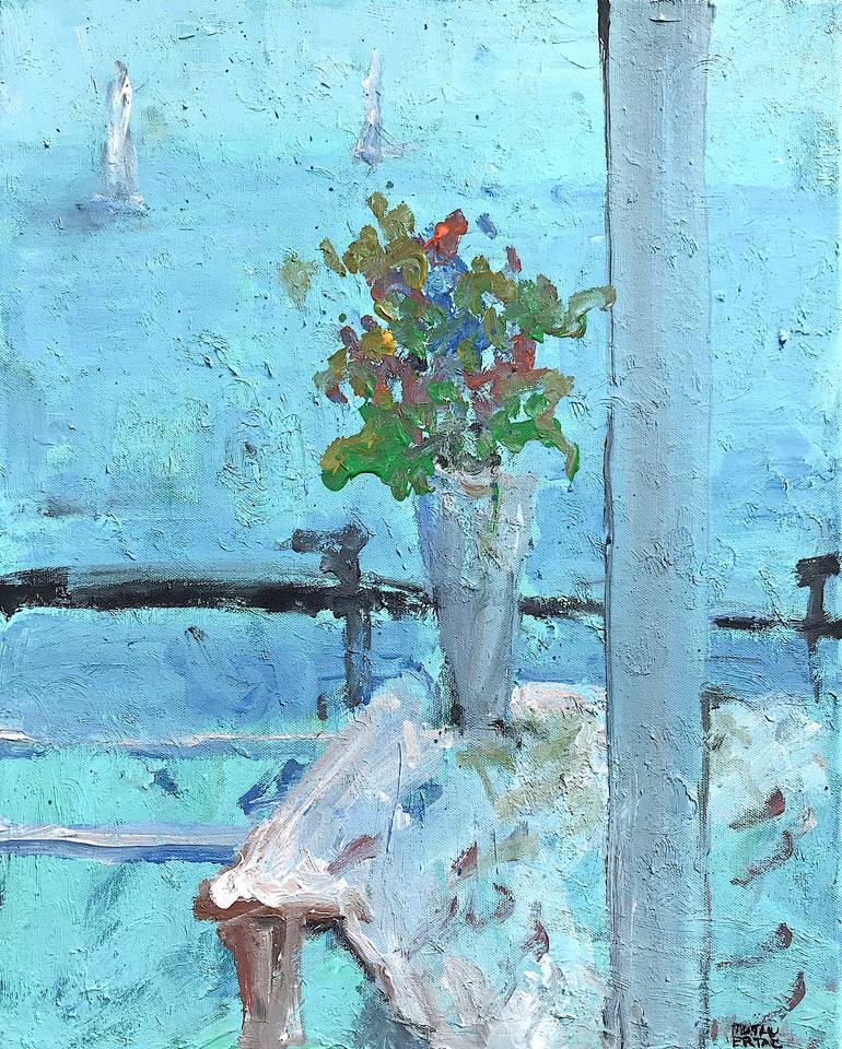 Balcony-Looking at Sail Boats, Acrylic and Ink on Canvas