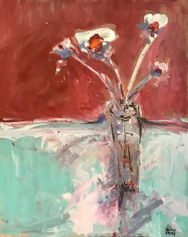 Flowers on Red Background, Acrylic and Ink on Canvas